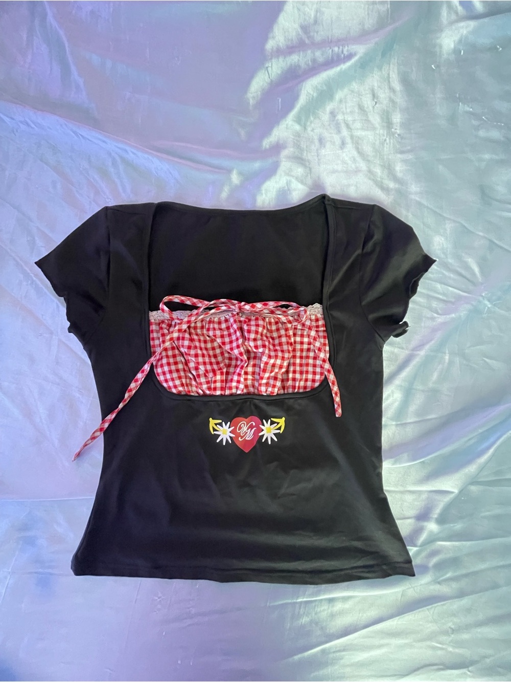 Black Top with Red Gingham Bust and Heart Detail